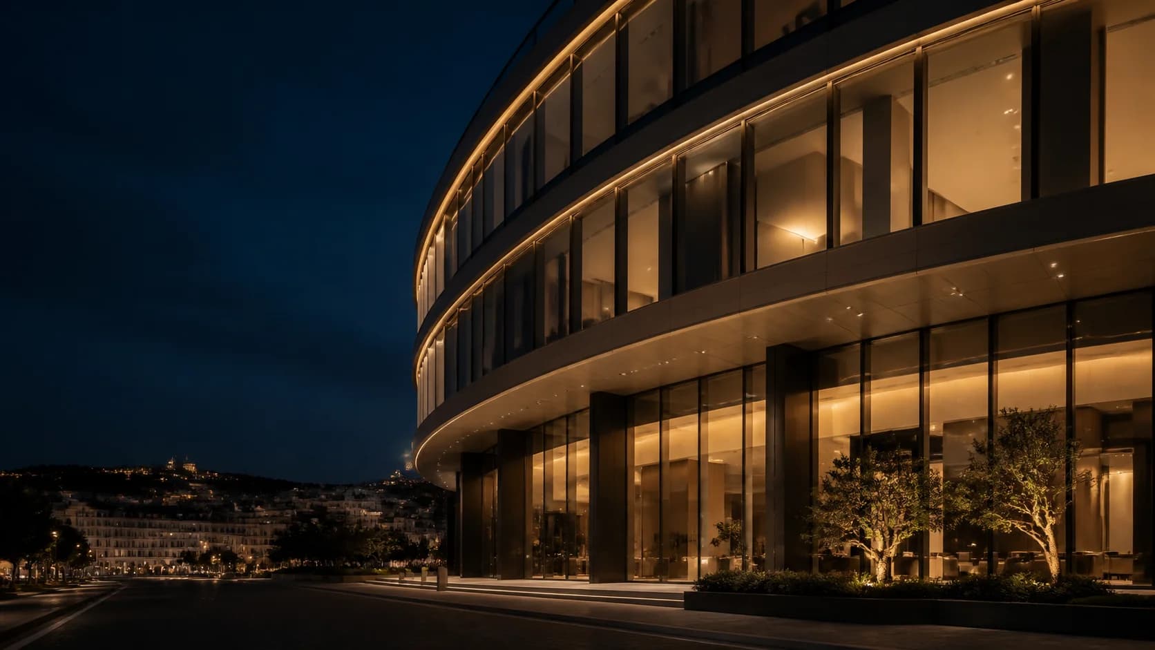 Arquitetura contemporânea em Lisboa ao anoitecer